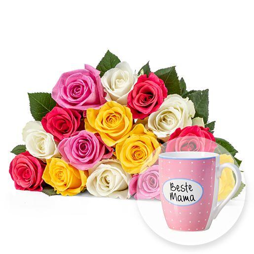 15 bunte Fairtrade-Rosen mit Tasse “Beste Mama”