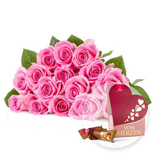 15 rosa Rosen mit Schokoladenherz