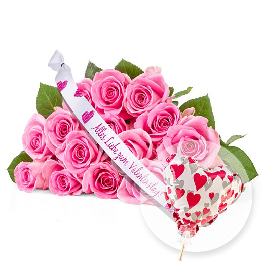 15 rosafarbene Fairtrade-Rosen und Schleife: „Alles Liebe zum Valentinstag“ und Miniballon „Send Love“