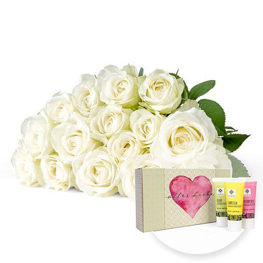 15 weiße Fairtrade-Rosen und Handpflegeset “Alles Liebe”