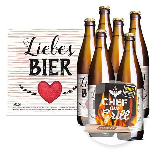 6 Flaschen Liebes-Bier mit Bierdeckel „Chef am Grill“