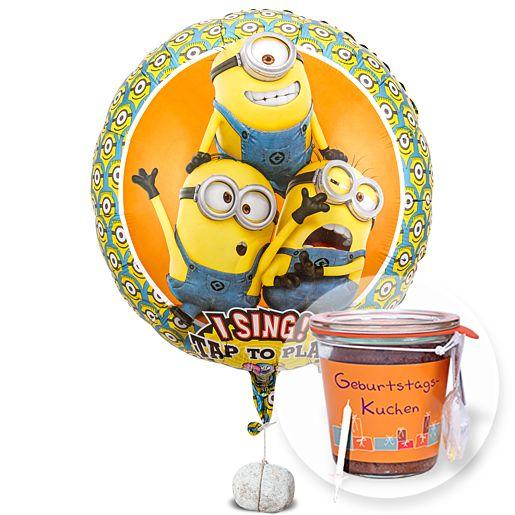 Ballon mit singenden Geburtstagsgrüße „lachende Minions“ & Kuchen im Glas