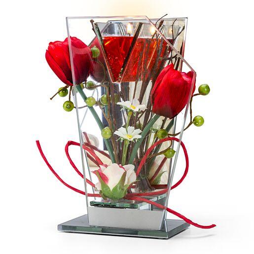 Beleuchtetes Glas-Spiegel-Windlicht mit roter Blumen-Deko