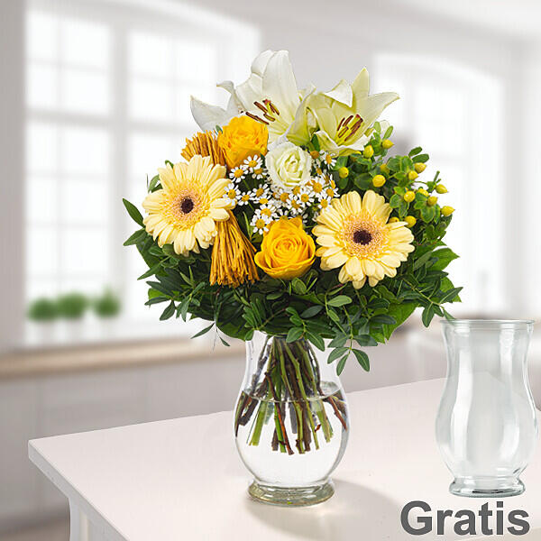 Blumengruß “Frühlingsbrise” inkl. Vase, Lindt Konfekt & Likör