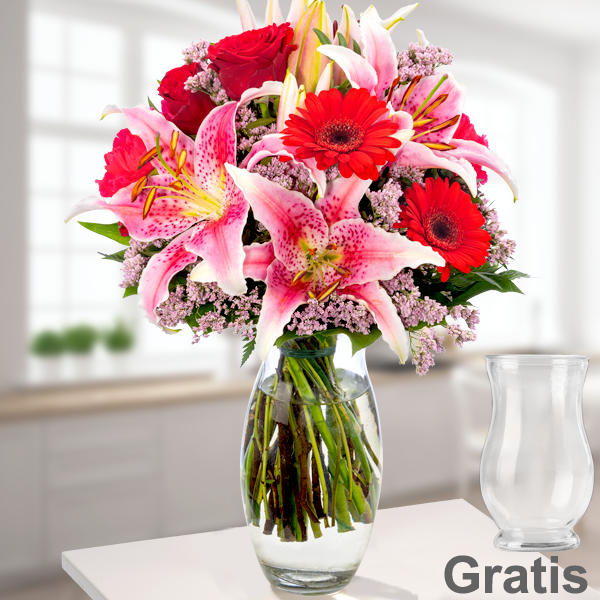 Blumenstrauß „Karat“ inkl. Glas Vase