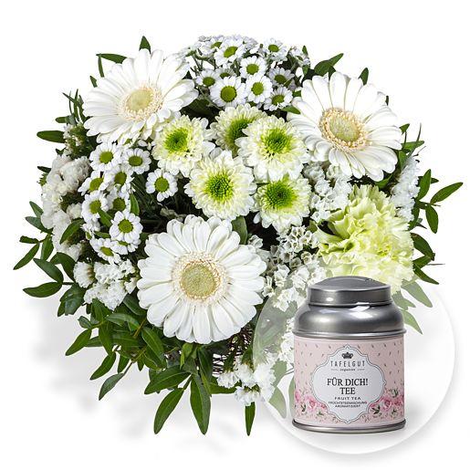 Blumenstrauß Petit Blanc mit Tafelgut-Tee „Für Dich“