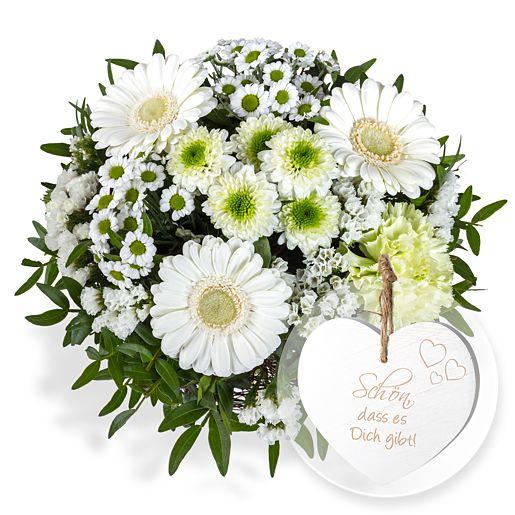 Blumenstrauß Petit Blanc mit Vintage-Herz „Schön, dass es Dich gibt!“