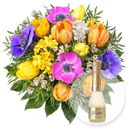 bunter blumenstrauß frühlingsbote mit freixenet sekt blumen