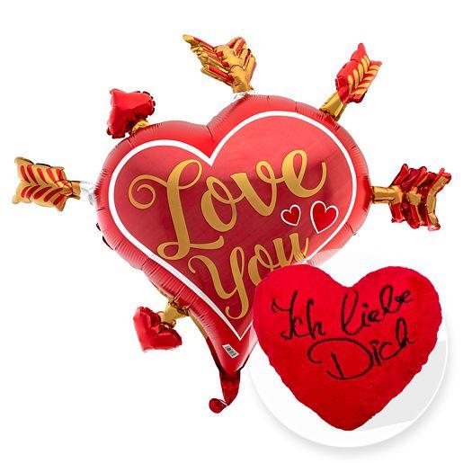 Extra grosser Ballon „Mitten ins Herz“ mit Kuschel-Herz „Ich liebe Dich“