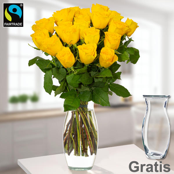 Gelbe Fairtrade-Rosen im Bund inkl. Vase