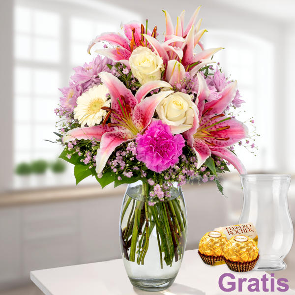 Glücksmoment – Blumenstrauß in Pastellfarben mit Glasvase