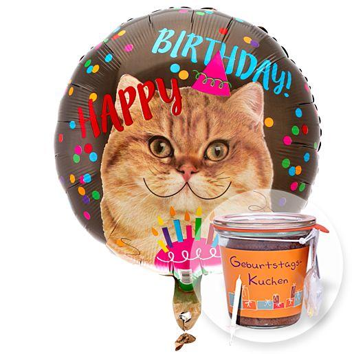 Happy Birthday-Ballon Cat mit Geburtstagskuchen im Glas