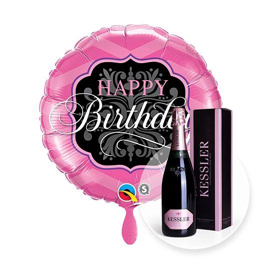 Happy Birthday-Ballon Pink and Black mit Kessler Rose Sekt