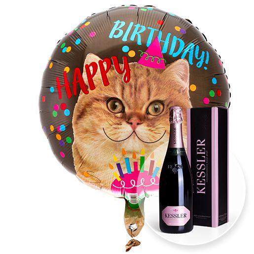 Heliumballon Happy Birthday Cat mit Kessler Rose Sekt