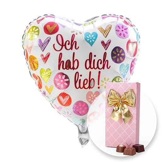 Heliumballon „Ich hab dich lieb!“ mit Belgischer Pralinen-Auslese