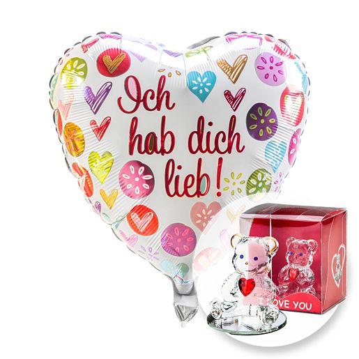 Heliumballon „Ich hab dich lieb!“ mit Glasbär mit Herz