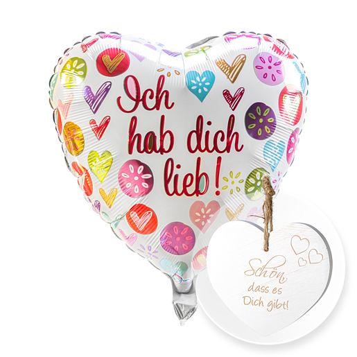 Heliumballon !Ich hab dich lieb!“ mit Herz-Aufhänger „Schön, dass es Dich gibt!“