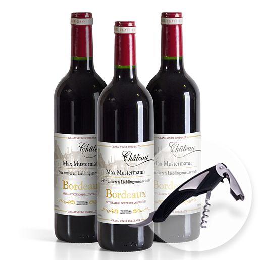Ihr eigener Bordeaux (3×0,75l) & Kellnermesser – personalisiert