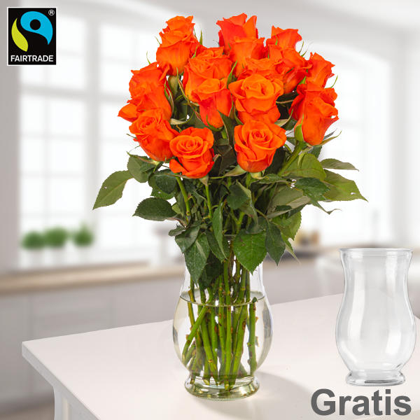 Orange Rosen von FAIRTRADE im Bund inkl. Vase