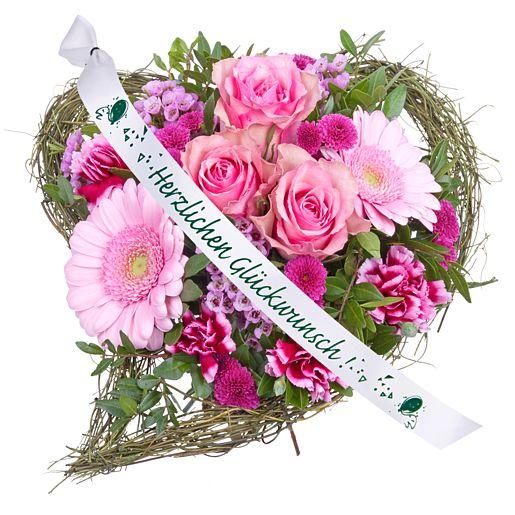 Rosa Blumenstrauß mit Schleife “Herzlichen Glückwunsch”