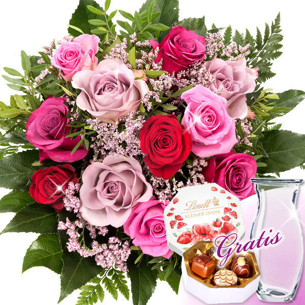 Rosa Rosenstrauß Rosengruß inkl. Vase & Pralinen Blumen zum Muttertag