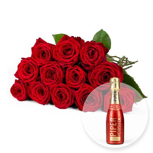 Rosenstrauß aus 12 langstieligen roten Premium-Rosen mit Champagner Piper Heidsieck