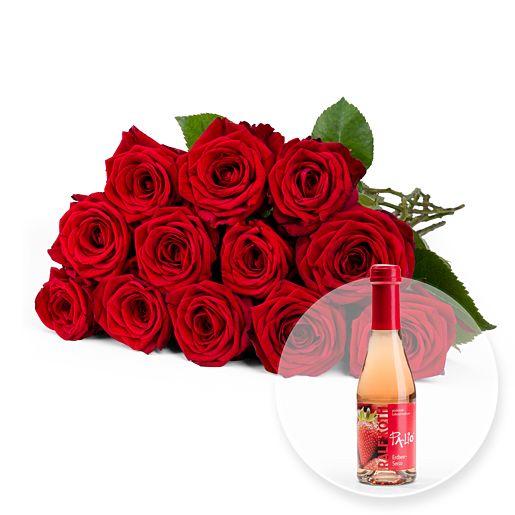 Rosenstrauß aus 12 roten Premium-Rosen mit alkoholfreiem Erdbeer-Secco