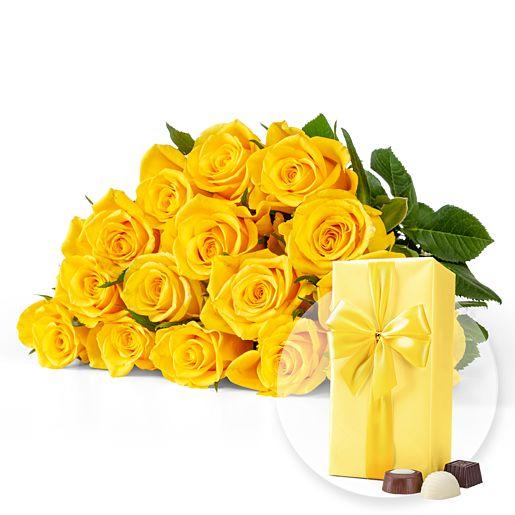 Rosenstrauß aus 15 Fairtrade-Rosen in Gelb mit Belgischen Pralinen