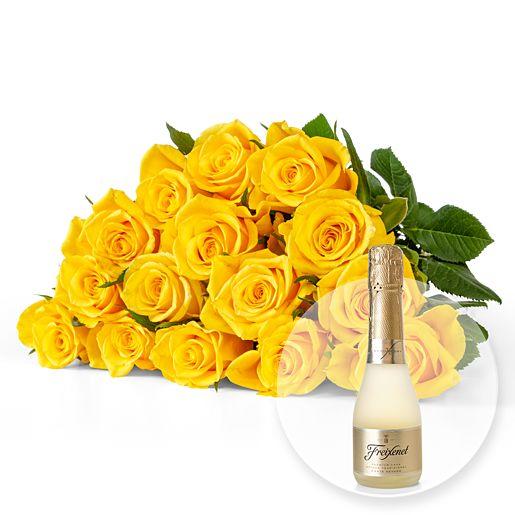 Rosenstrauß aus 15 Fairtrade-Rosen in Gelb mit Freixenet Semi Seco