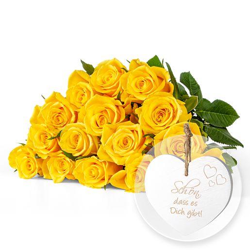 Rosenstrauß aus 15 Fairtrade-Rosen in Gelb mit Holzherz „Schön, dass es Dich gibt!“