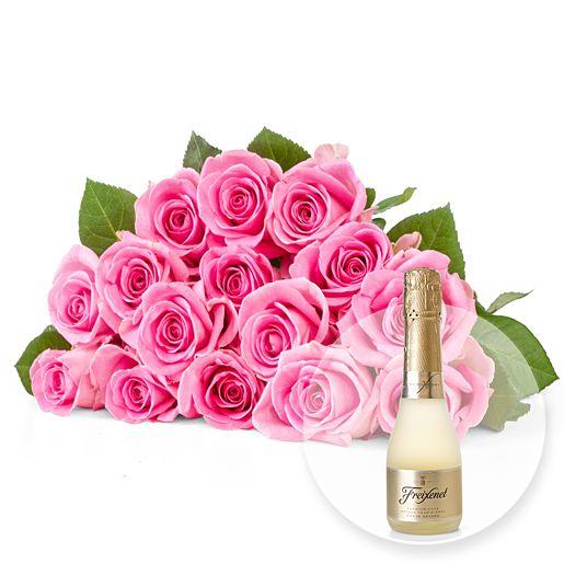 Rosenstrauß aus 15 Fairtrade-Rosen in Rosa mit Freixenet Semi Seco