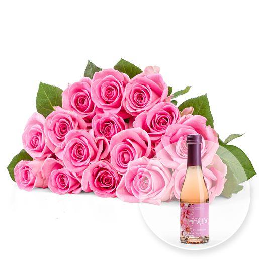 Rosenstrauß aus 15 Fairtrade-Rosen in Rosa mit Kirschblüten-Secco