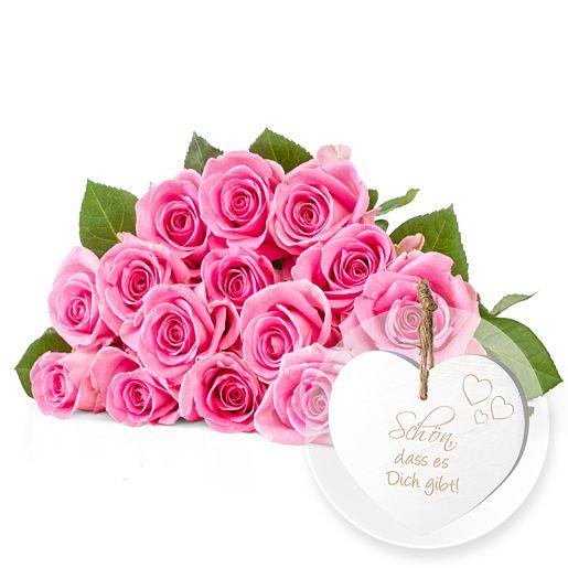 Rosenstrauß aus 15 Fairtrade-Rosen in Rosa mit Vintage-Herz „Schön, dass es Dich gibt!“