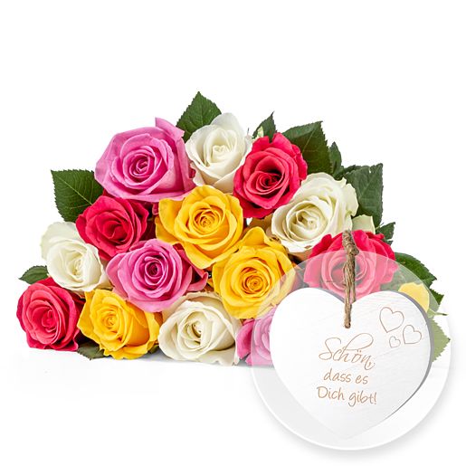 Rosenstrauß aus 15 Fairtrade-Rosen mit Holz-Herz „Schön, dass es Dich gibt!“