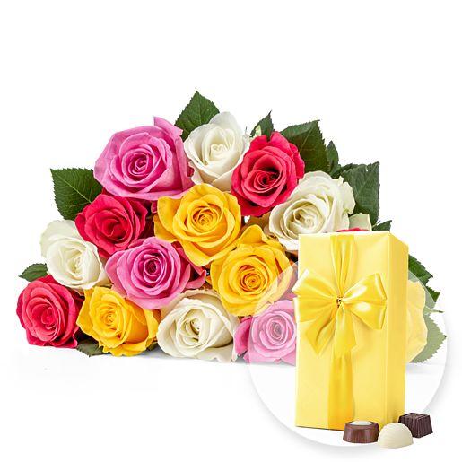Rosenstrauß aus 15 bunten Fairtrade-Rosen mit Belgischen Pralinen