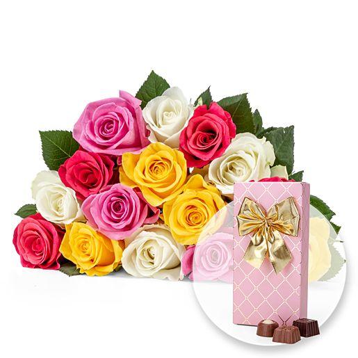 Rosenstrauß aus 15 farbigen Fairtrade-Rosen mit Belgischen Pralinen-Auslese
