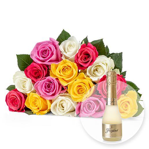 Rosenstrauß aus 15 farbigen Fairtrade-Rosen mit Freixenet Semi Seco