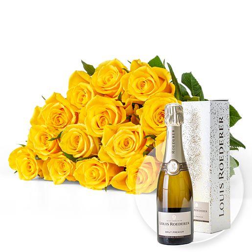 Rosenstrauß aus 15 gelben Fairtrade-Rosen mit Champagner