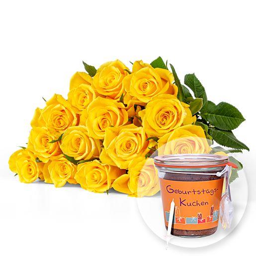 Rosenstrauß aus 15 gelben Fairtrade-Rosen mit Kuchen im Glas Geburtstag