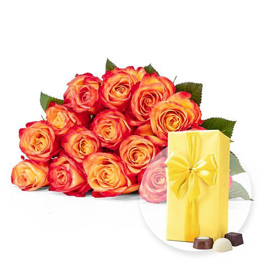 Rosenstrauß aus 15 gelb-orangen Fairtrade-Rosen mit Belgischen Pralinen