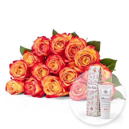 Rosenstrauß aus 15 gelb-orangen Fairtrade-Rosen mit Blütenrausch Pfingstrosen-Handcreme „Für Dich“