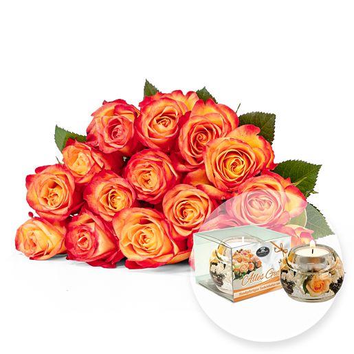Rosenstrauß aus 15 gelb-orangen Fairtrade-Rosen mit Dreamlight Alles Gute