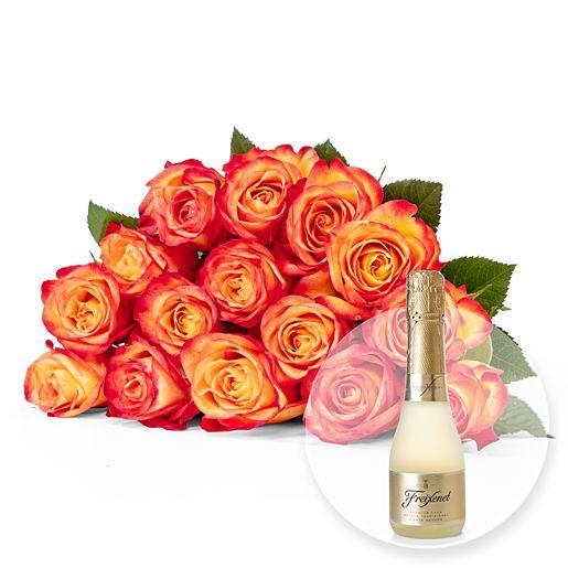 Rosenstrauß aus 15 gelb-orangen Fairtrade-Rosen mit Freixenet Semi Seco