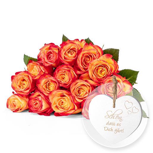 Rosenstrauß aus 15 gelb-orangen Fairtrade-Rosen mit Holzherz „Schön, dass es Dich gibt!“