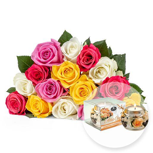 Rosenstrauß aus 15 gemischten Fairtrade-Rosen mit Dreamlight Alles Gute
