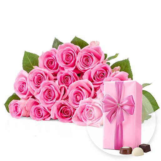 Rosenstrauß aus 15 rosa Fairtrade-Rosen mit Belgischen Pralinen