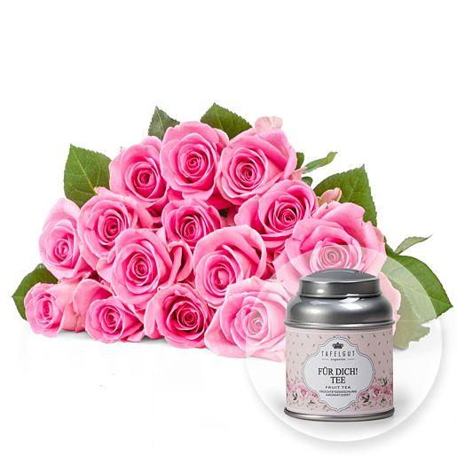 Rosenstrauß aus 15 rosa Fairtrade-Rosen mit Tafelgut Tee „Für Dich“