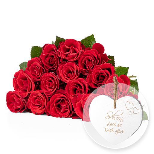 Rosenstrauß aus 15 roten Fairtrade-Rosen inkl. Holz-Herz „Schön, dass es Dich gibt!“