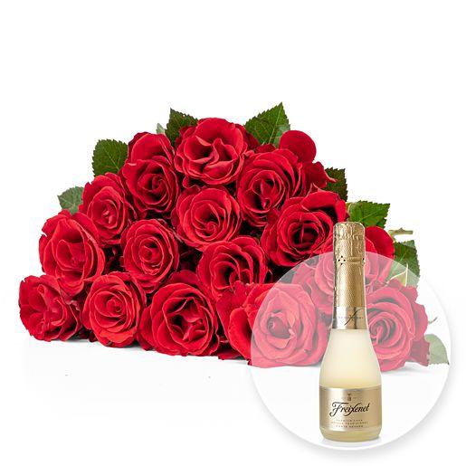 Rosenstrauß aus 15 roten Fairtrade-Rosen mit Freixenet Semi Seco