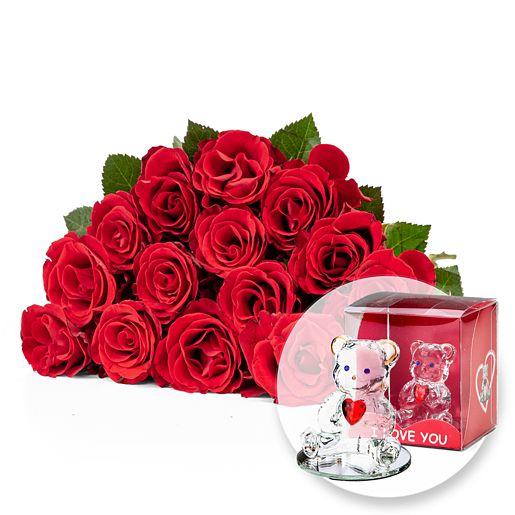 Rosenstrauß aus 15 roten Fairtrade-Rosen mit Glasbär mit Herz